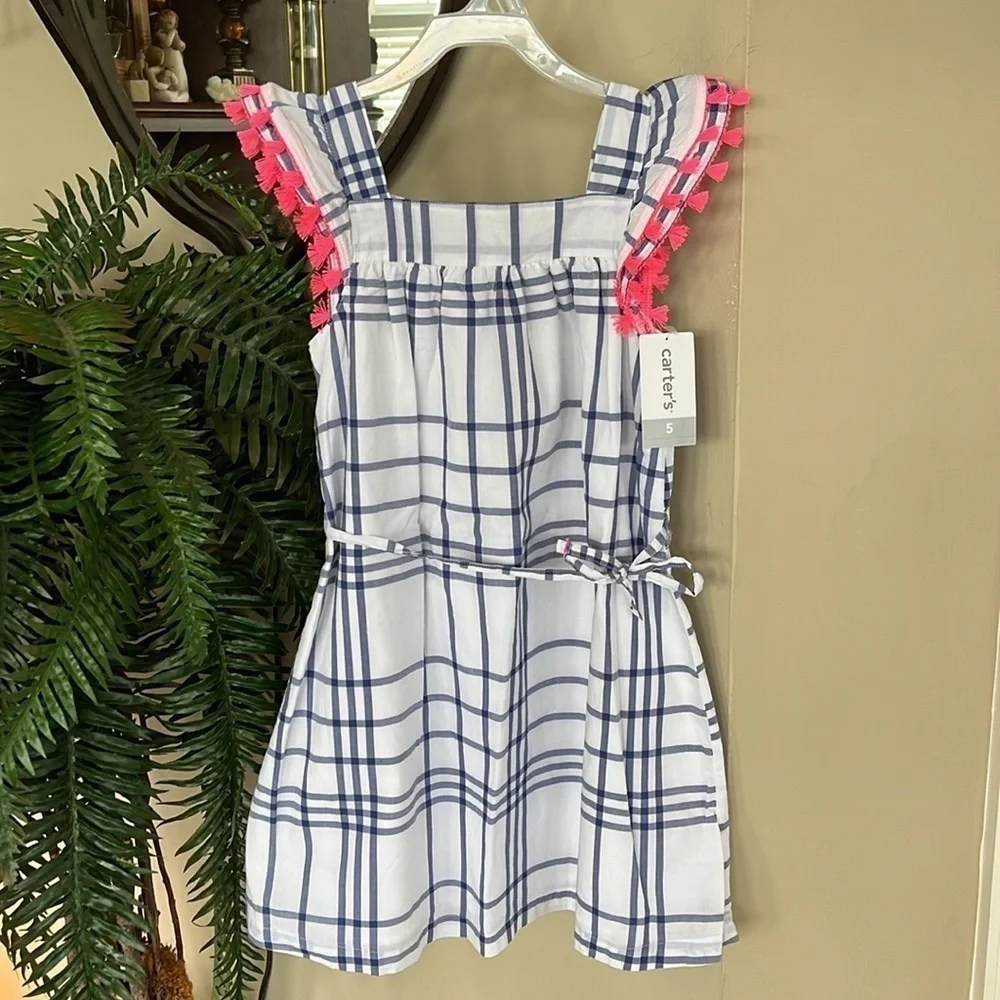Brand New Carter’s White Blue Plaid Dress w/ Pink Tassels Tie Waist Lined Casual